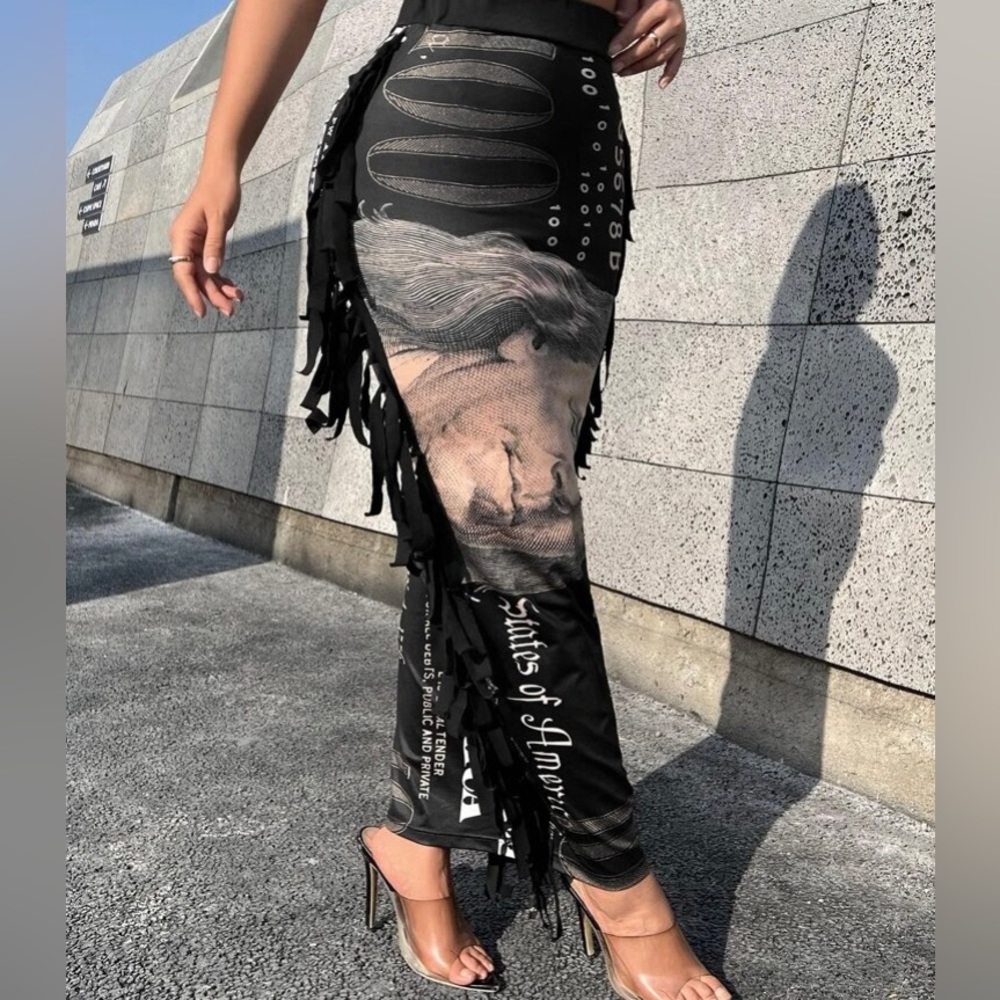 Sexy dollar print fringe trim pencil skirt